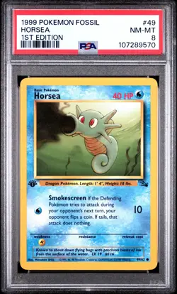 PSA 8 NM/MT 1999 POKEMON FOSSIL 49 HORSEA 1ST EDITION ENGLISH - Image 1