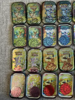 UNSEALED Prismatic Evolutions Mini Tins (No Packs!) TWO Complete Sets w/ Coins! - Image 3