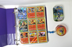 2016-2020 ASSORTED POKEMON CARDS APROX. 308 IN BINDER W/ SLEEVES + TIN & RUMMY - Image 1