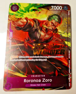 One Piece Card Game Carte Holo Pre-Release WINNER Roronoa Zoro P-045 English - Image 1