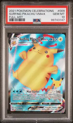 2021 POKEMON CELEBRATIONS #009 FULL ART/SURFING PIKACHU VMAX PSA 10 - Image 1