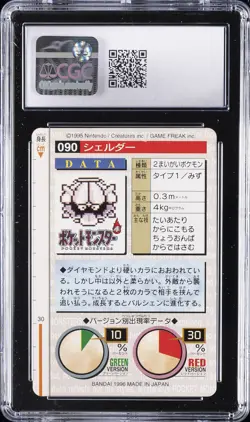 1996 BANDAI CARDDASS POKEMON - PART 2, RED CARD #NO. 090 SHELLDER CGC 9 - Image 2