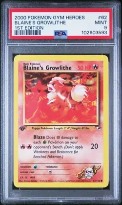 #62/132 Blaine's Growlithe 1st Edition 2000 Pokemon Gym Heroes WOTC Fresh PSA 9 - Image 1