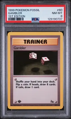 Gambler [1st Edition] #60/62 Pokemon Fossil 1999 Vintage PSA 8 - Image 1