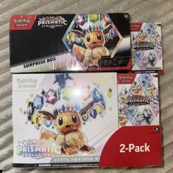 Pokemon Prismatic Evolutions ETB Surprise Box and Booster Bundle Costco 2-Pack - Image 1