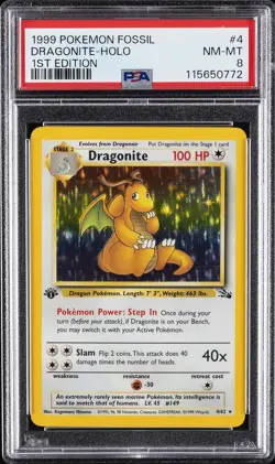 1999 POKEMON FOSSIL 1ST ED #4 DRAGONITE-HOLO PSA 8 - Image 1