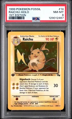 1999 Pokemon Fossil Raichu Holo 1st Edition 14/62 PSA 8 - Image 1