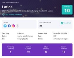 AGS 10 Gem Mint Latios 203/191 Surging Sparks IR Ai Graded Pokemon - Image 3