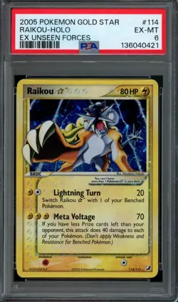 Pokemon Raikou Gold Star Holo 2005 EX Unseen Forces #114 PSA 6 EX-MT - Image 1