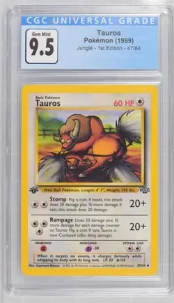 CGC 9.5 GEM MINT 10 Tauros 1st Edition Jungle 47/64 Pokemon 1999 Non-Holo - Image 1