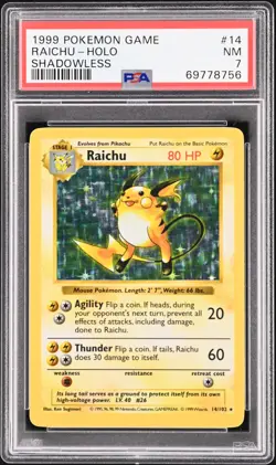 1999 POKEMON BASE SET SHADOWLESS #14 RAICHU-HOLO PSA 7 - Image 1