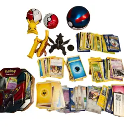 Pokemon Card Collection W Pikachu Figures Pokeballs & Tin Box Trading Cards - Image 1