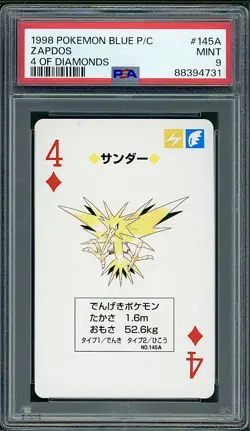 PSA 10 Zapdos 4 of Diamonds Japanese Pokemon Blue Poker Card 1998 - Image 1