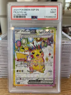2024 POKEMON SSP EN-SURGING SPARKS ULTRA RARE #219 PIKACHU EX PSA 9 Full Art - Image 1