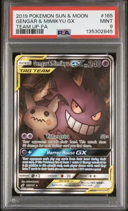 2019 POKEMON SUN & MOON TEAM UP #165 FULL ART/GENGAR & MIMIKYU GX PSA 9 - Image 1