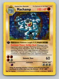 1999 Pokemon TCG Machamp SHADOWLESS 8/102 Holo 1st Edition Trading Card - Image 1