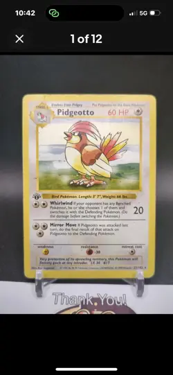 Pidgeotto 22/102 1st Edition Base Set Shadowless Pokemon Card WOTC - Image 1