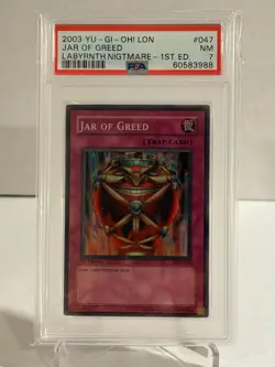 2003 YU-GI-OH! LON-LABYRINTH OF NIGHTMARE 1ST EDITION #047 JAR OF GREED PSA 7 - Image 1