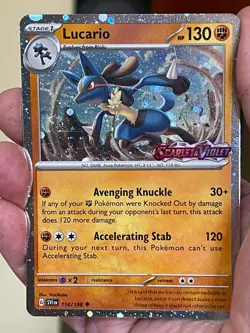POKEMON LUCARIO 114/198 RARE COSMOS HOLO WITH SWIRL SCARLET VIOLET STAMPED NM - Image 1