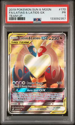 2019 POKEMON SUN & MOON TEAM UP #170 FULL ART/LATIAS & LATIOS GX PSA 1 - Image 1