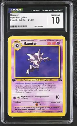 CGC 10 GEM MINT Haunter 1999 Fossil 1st Edition 21/62 Pokemon Card - Image 1