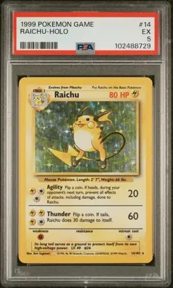 1999 POKEMON BASE SET #14 RAICHU HOLO PSA 5 EX - Image 1