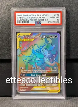 Pokemon Greninja & Zoroark Tag Team GX #222 Full Art SR PSA 10 Unbroken Bonds - Image 1