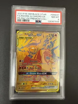 2021 POKEMON SM BLACK STAR PROMO #SM247 FULL ART/RESHIRAM & CHARIZARD GX PSA 8 - Image 1