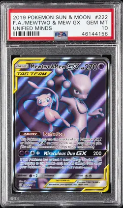 2019 POKEMON SUN & MOON UNIFIED MINDS #222 FULL ART/MEWTWO & MEW GX PSA 10 - Image 1