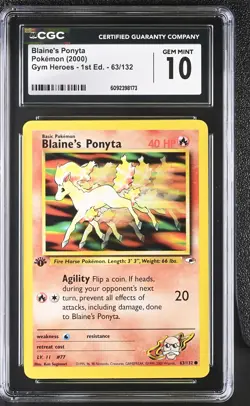 CGC 10 GEM MINT Blaine's Ponyta Gym Heroes 1st Edition 63/132 Pokemon Card - Image 1
