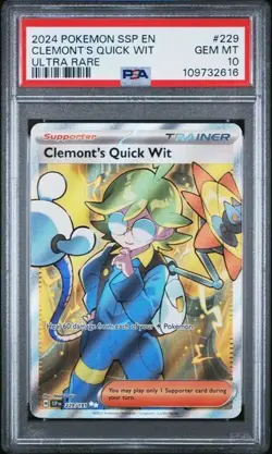 PSA 10 GEM MINT 2024 Pokemon Clemont's Quick Wit 229/191 Surging Sparks Holo - Image 1