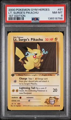 2000 POKEMON GYM HEROES 1ST ED #81 LT. SURGE'S PIKACHU PSA 8 - Image 1