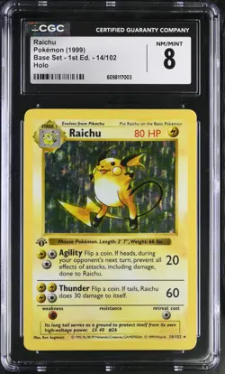 CGC 8 Raichu 1999 Base Set 1st Edition Shadowless 14/102 Holo Pokemon Card - Image 1