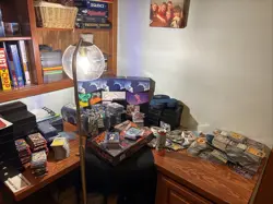 Bunch Of Random junk, Pokemon Cards, Used Energy Drink, Lamp, Desk - Image 1