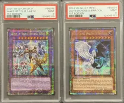 2024 PSA 9 YUGIOH MP24 QC SECRET RARE WAKE UP E HERO & LIGHT/DARK DRAGON SET - Image 1