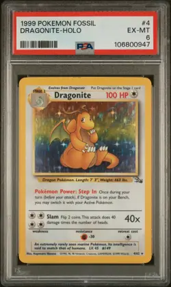 1999 POKEMON FOSSIL #4 DRAGONITE-HOLO PSA 6 - Image 1