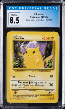 1999 POKEMON BASE UNLIMITED SET YELLOW CHEEKS #58 PIKACHU CGC 8.5 - Image 1
