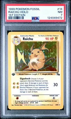 1999 POKEMON FOSSIL 1ST ED #14 RAICHU-HOLO PSA 7 - Image 1