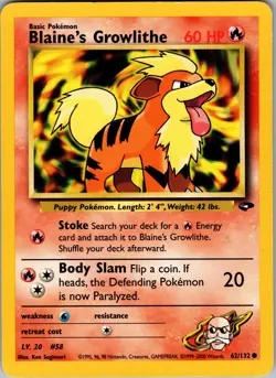 Blaine's Growlithe Gym Challenge Common LP Pokemon 062/132 Unlimited - Image 1