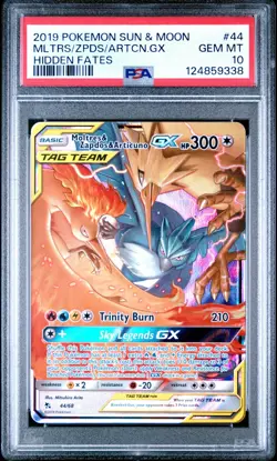 Pokemon TCG Moltres & Zapdos & Articuno GX 44/68 Hidden Fates Ultra PSA 10 - Image 1