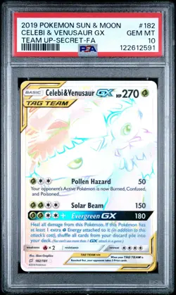 2019 POKEMON SUN & MOON TEAM UP SECRET #182 FULL ART/CELEBI & VENUSAUR GX PSA 10 - Image 1