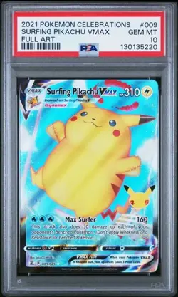 2021 Pokemon SWSH Celebrations PSA 10 Surfing Pikachu VMAX FULL ART Holo #009 - Image 1