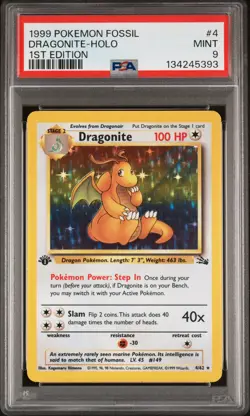 PSA 9 MINT Dragonite 1999 Fossil 4/62 Holo 1st Edition Pokemon Card - Image 1
