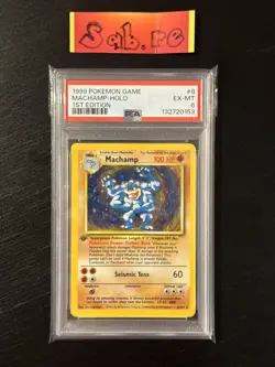 PSA 6 Machamp 1st Edition Holo Rare Base Set 8/102 Pokemon Card - Image 1