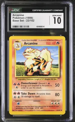 CGC 10 GEM MINT Arcanine 1999 Base Set 23/102 Pokemon Card - Image 1