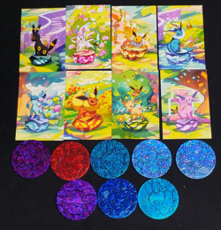 Pokemon Prismatic Evolution Eevee Mini Tin Art Cards 8 Complete Bundle & 8 Coins - Image 1