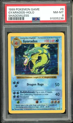 1999 Pokemon Base Set SHADOWLESS 6/102 Gyarados Holo PSA 8 Near Mint - Image 1