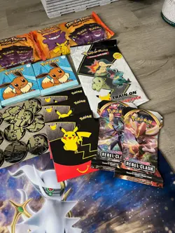 Pokemon Sealed Booster Packs, Coins, Pikachu Figurine, Arceus Playmat Lot - Image 4