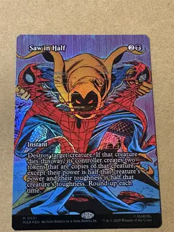 mtg borderless foil Saw in Half full art card, Marvel Spiderman set, unplayed - Image 1