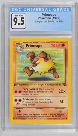 CGC 9.5 GEM MINT 10 Primeape 1st Edition Jungle 43/64 Pokemon 1999 Non-Holo - Image 1